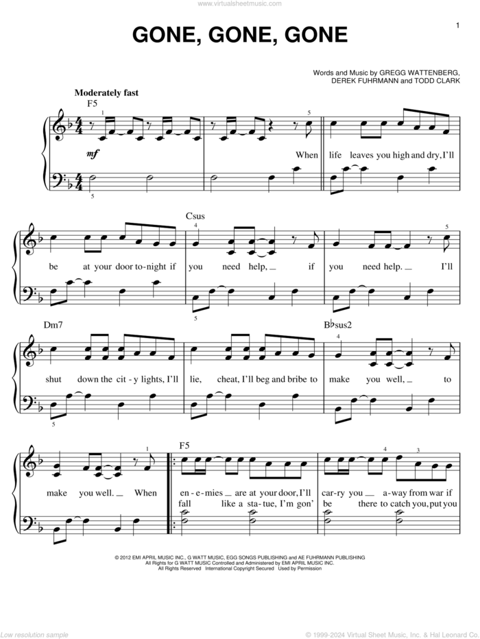 Gone, Gone, Gone sheet music for piano solo by Phillip Phillips, easy skill level