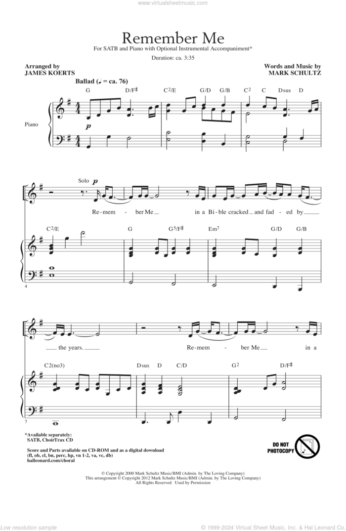 Remember Me sheet music for choir (SATB: soprano, alto, tenor, bass) by James Koerts and Mark Schultz, intermediate skill level