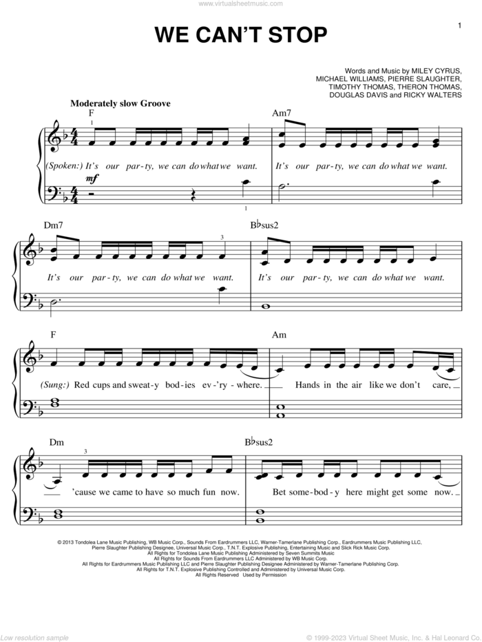 We Can't Stop sheet music for piano solo by Miley Cyrus, easy skill level