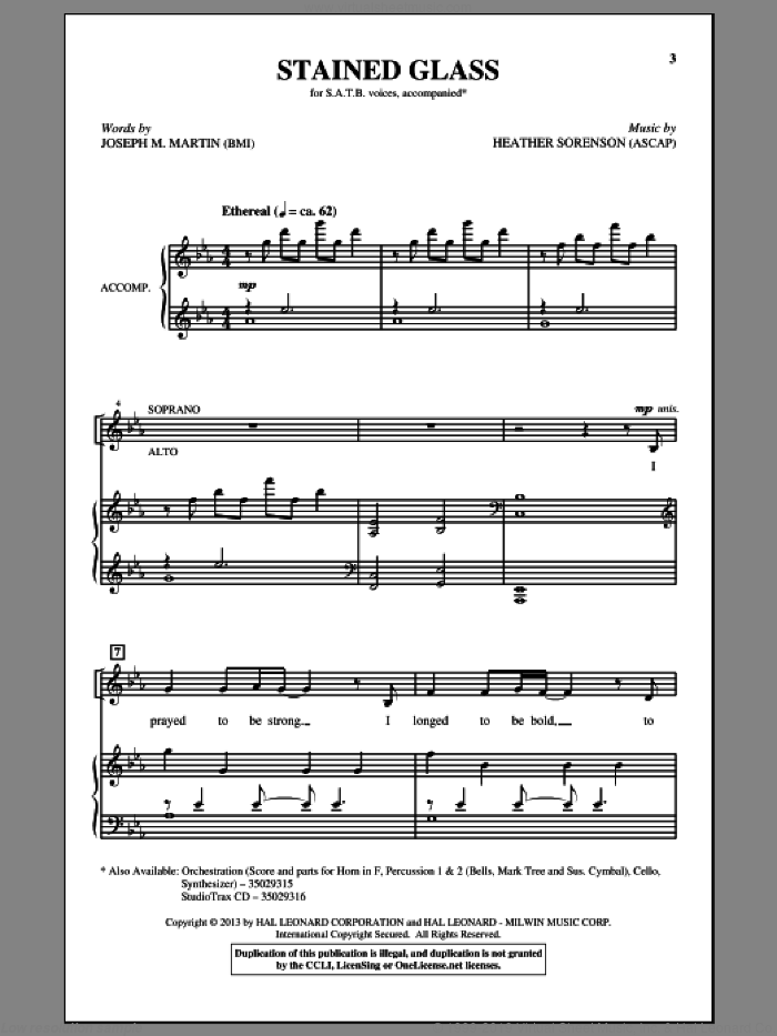 Stained Glass sheet music for choir (SATB: soprano, alto, tenor, bass) by Heather Sorenson, Heather Sorenson and Joseph M. Martin and Joseph M. Martin, intermediate skill level