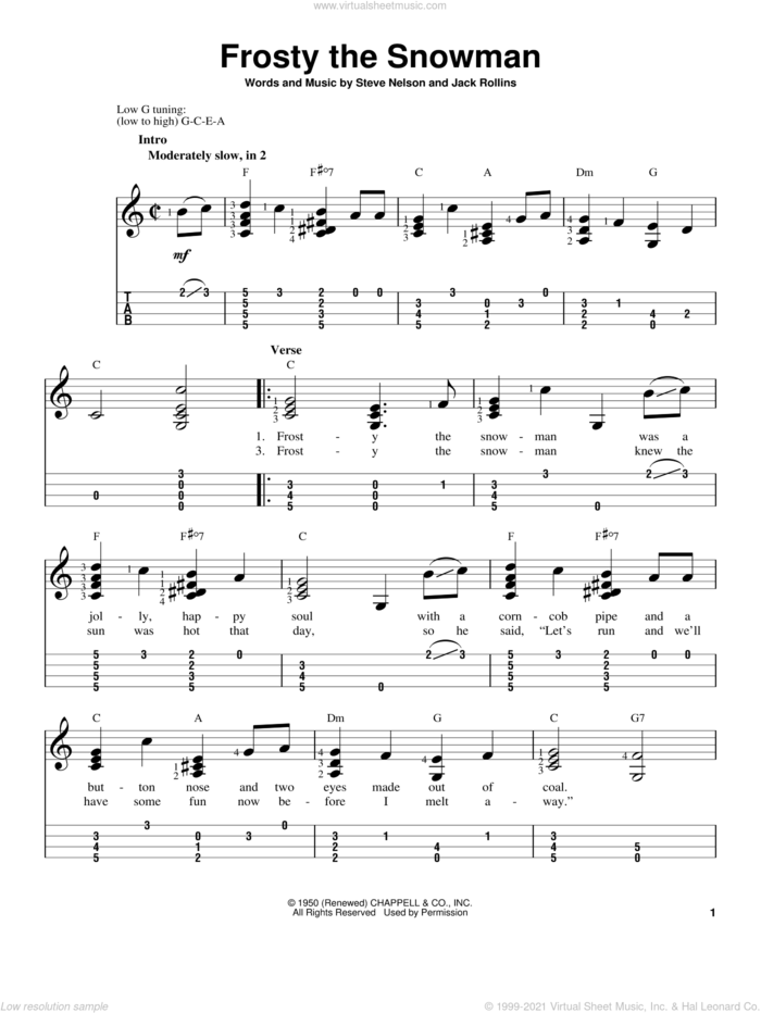 Frosty The Snow Man sheet music for ukulele (easy tablature) (ukulele easy tab) by Steve Nelson and Jack Rollins, intermediate skill level