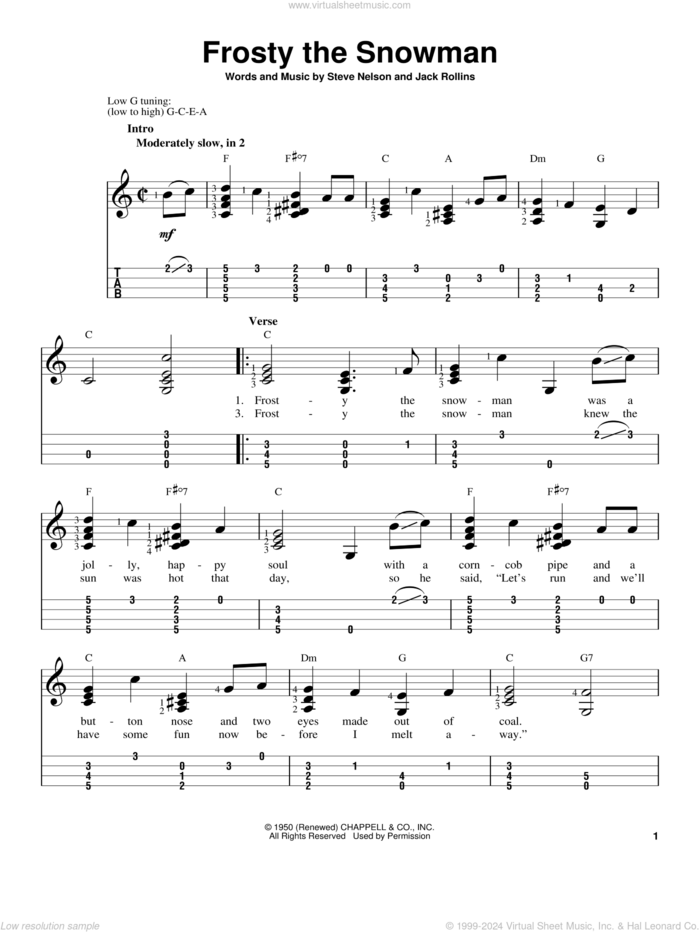 Frosty The Snow Man sheet music for ukulele (easy tablature) (ukulele easy tab) by Steve Nelson and Jack Rollins, intermediate skill level