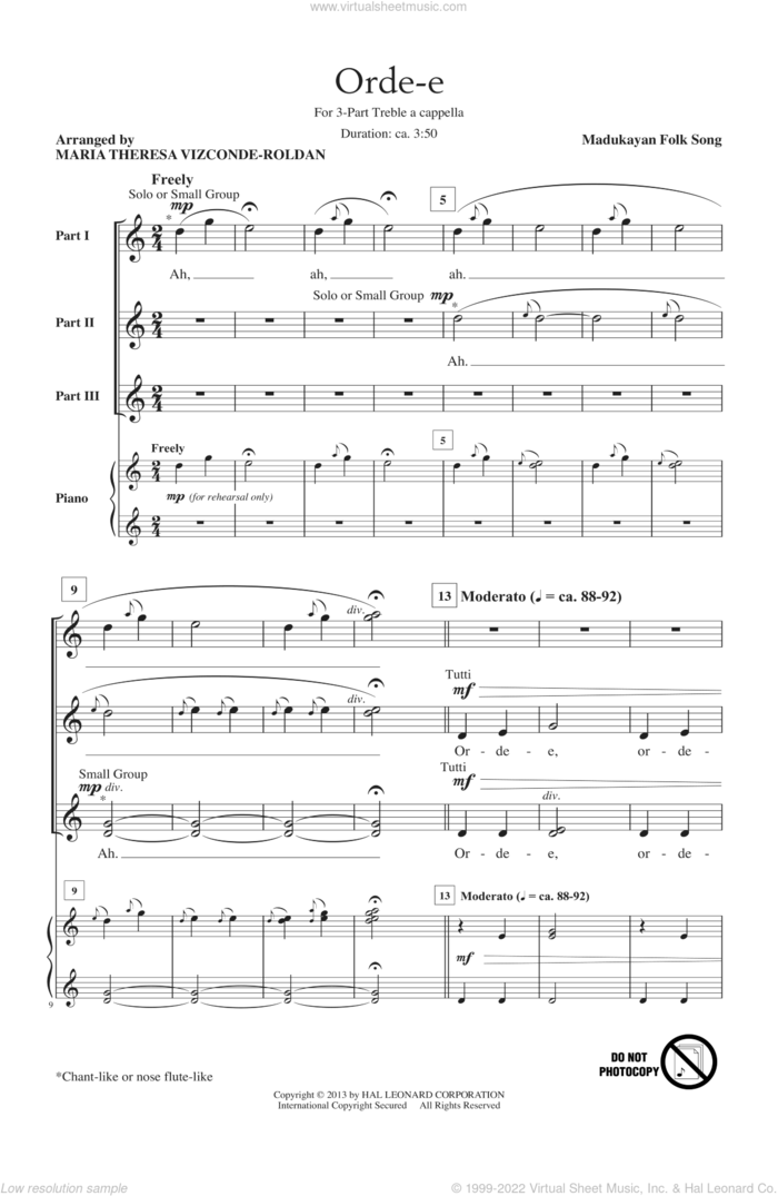 Orde-E sheet music for choir (3-Part Treble) by Maria Theresa Vizconde-Roldan, intermediate skill level