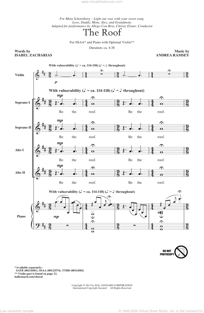 The Roof sheet music for choir (SSA: soprano, alto) by Andrea Ramsey, intermediate skill level