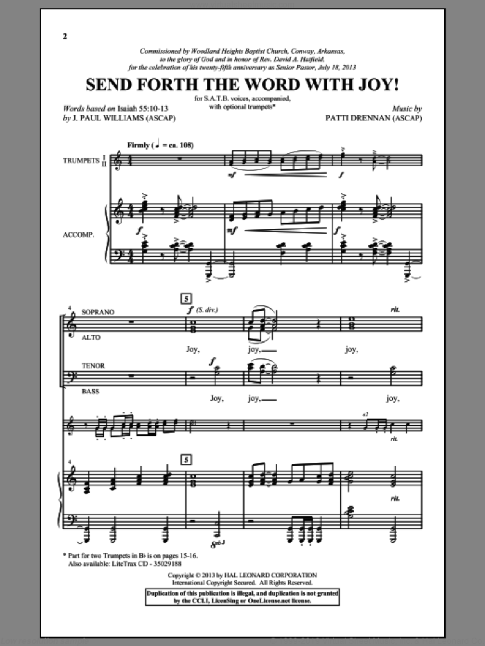 Send Forth The Word With Joy! sheet music for choir (SATB: soprano, alto, tenor, bass) by Patti Drennan and J. Paul Williams, intermediate skill level