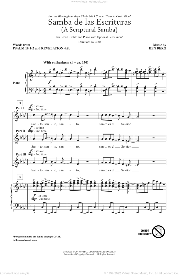 Samba De Las Escrituras sheet music for choir (3-Part Treble) by Ken Berg, intermediate skill level