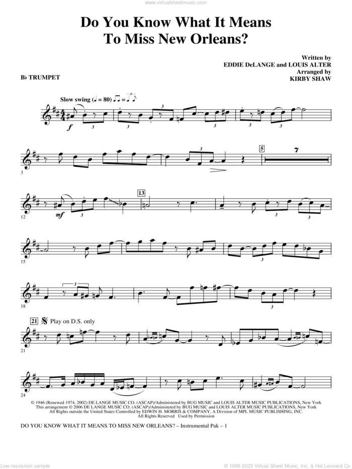 Do You Know What It Means to Miss New Orleans sheet music for orchestra/band (Bb trumpet) by Kirby Shaw, Eddie DeLange and Louis Alter, intermediate skill level
