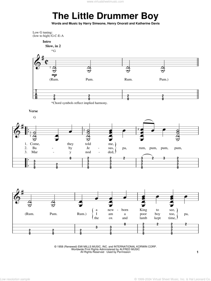 The Little Drummer Boy sheet music for ukulele (easy tablature) (ukulele easy tab) by Katherine Davis, intermediate skill level