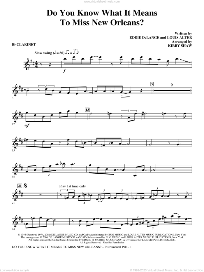 Do You Know What It Means to Miss New Orleans sheet music for orchestra/band (Bb clarinet) by Kirby Shaw, Eddie DeLange and Louis Alter, intermediate skill level