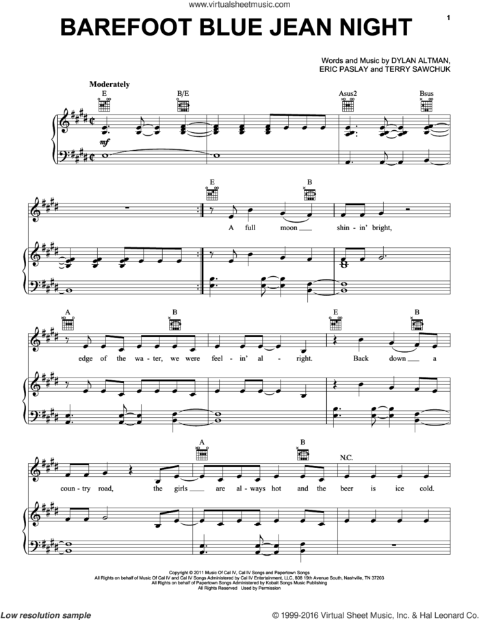 Barefoot Blue Jean Night sheet music for voice, piano or guitar by Jake Owen, intermediate skill level