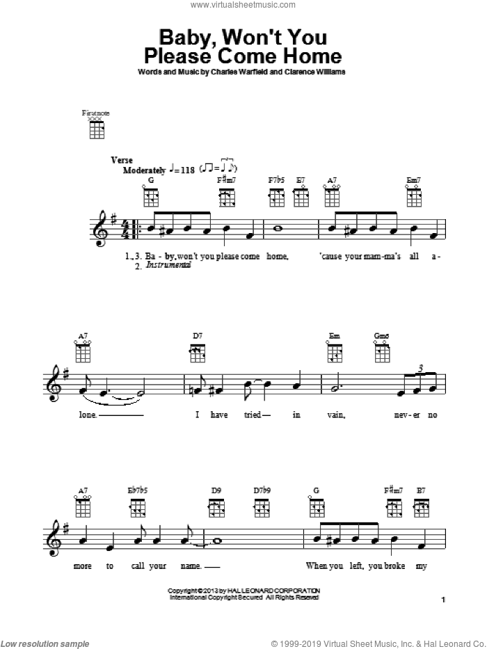 Baby, Won't You Please Come Home sheet music for ukulele by Bessie Smith, intermediate skill level