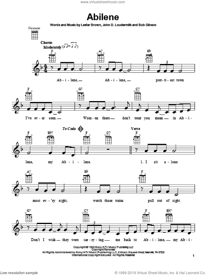 Abilene sheet music for ukulele by George Hamilton IV, intermediate skill level