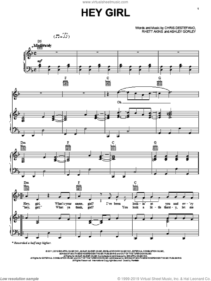 Hey Girl sheet music for voice, piano or guitar by Billy Currington, intermediate skill level