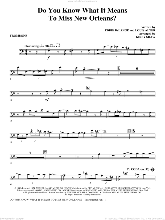 Do You Know What It Means to Miss New Orleans sheet music for orchestra/band (trombone) by Kirby Shaw, Eddie DeLange and Louis Alter, intermediate skill level