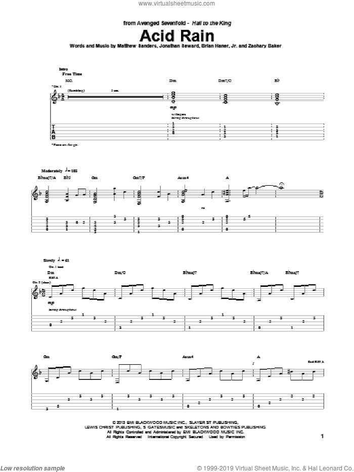 Acid Rain sheet music for guitar (tablature) by Avenged Sevenfold, intermediate skill level
