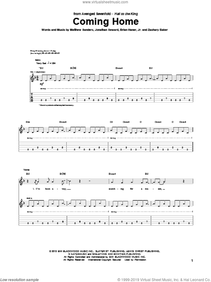 Coming Home sheet music for guitar (tablature) by Avenged Sevenfold, intermediate skill level