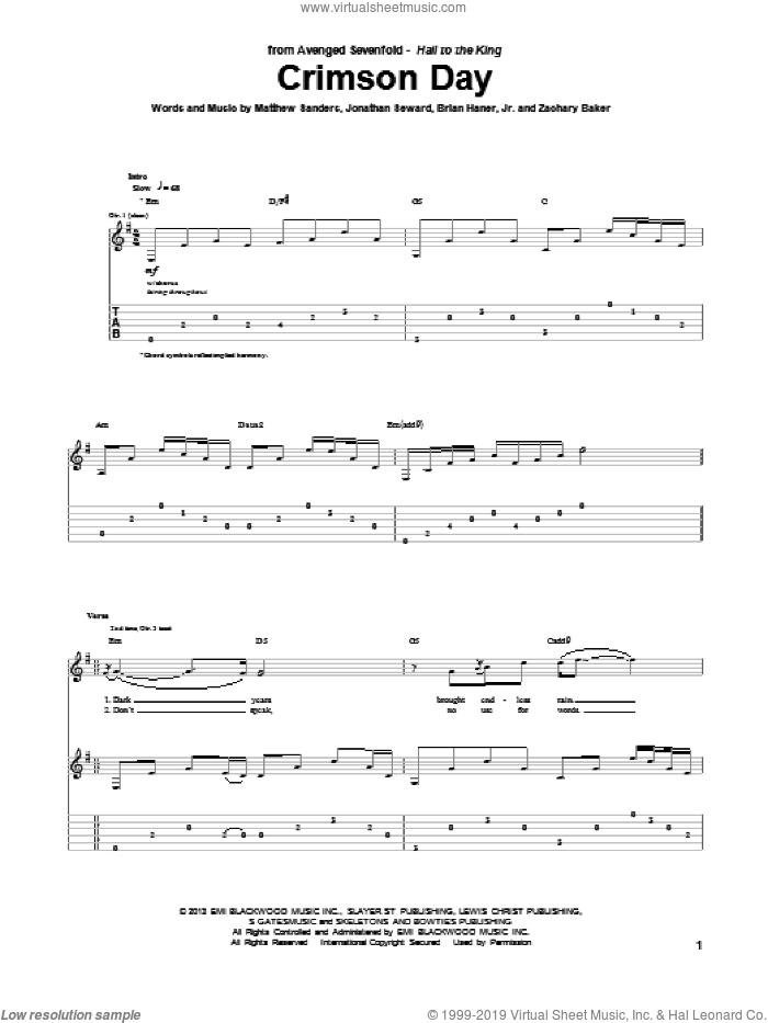 Crimson Day sheet music for guitar (tablature) by Avenged Sevenfold, intermediate skill level