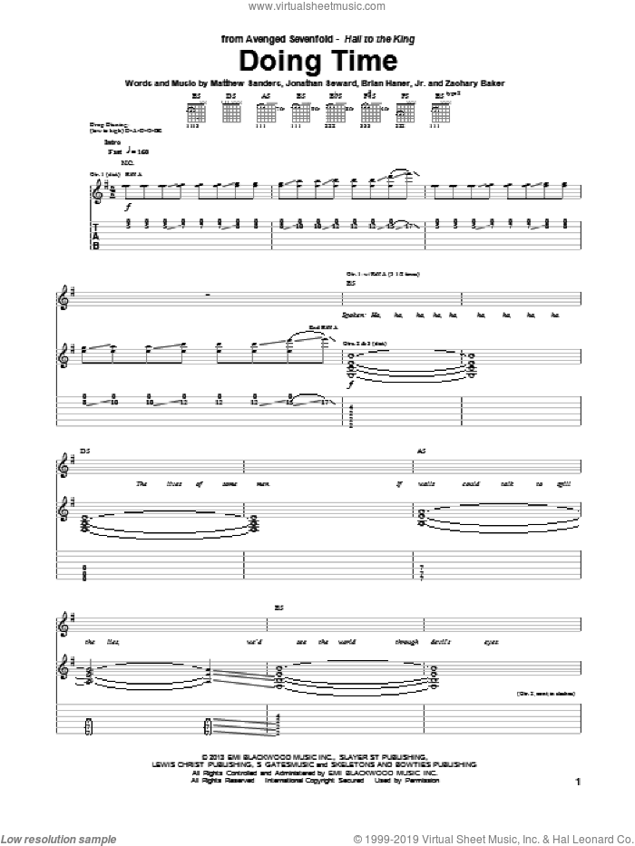 Doing Time sheet music for guitar (tablature) by Avenged Sevenfold, intermediate skill level