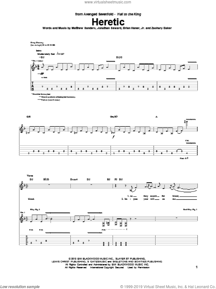 Heretic sheet music for guitar (tablature) by Avenged Sevenfold, intermediate skill level