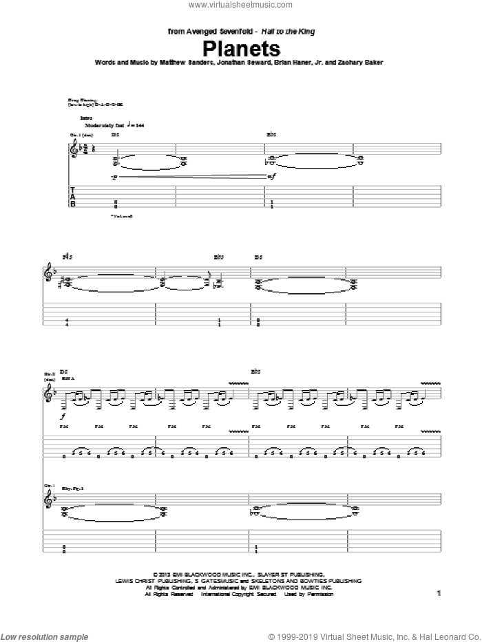 Planets sheet music for guitar (tablature) by Avenged Sevenfold, intermediate skill level