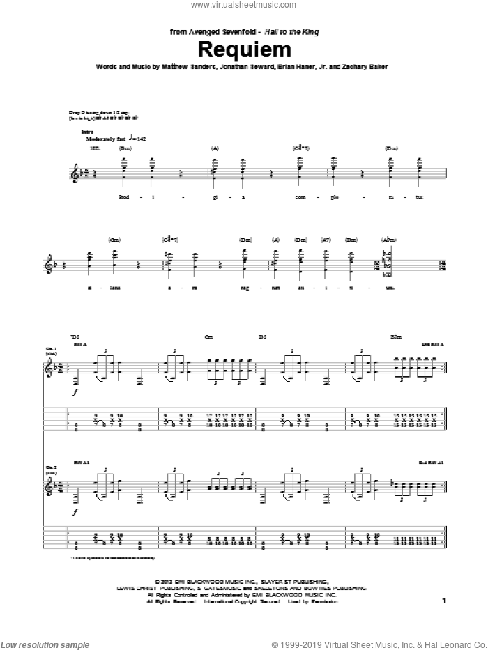 Requiem sheet music for guitar (tablature) by Avenged Sevenfold, intermediate skill level