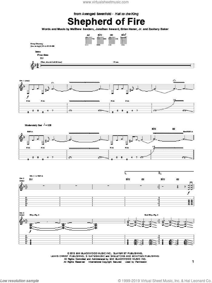 Shepherd Of Fire sheet music for guitar (tablature) by Avenged Sevenfold, intermediate skill level
