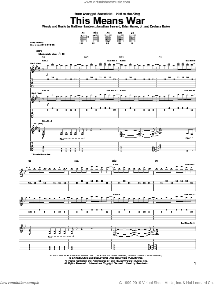 This Means War sheet music for guitar (tablature) by Avenged Sevenfold, intermediate skill level