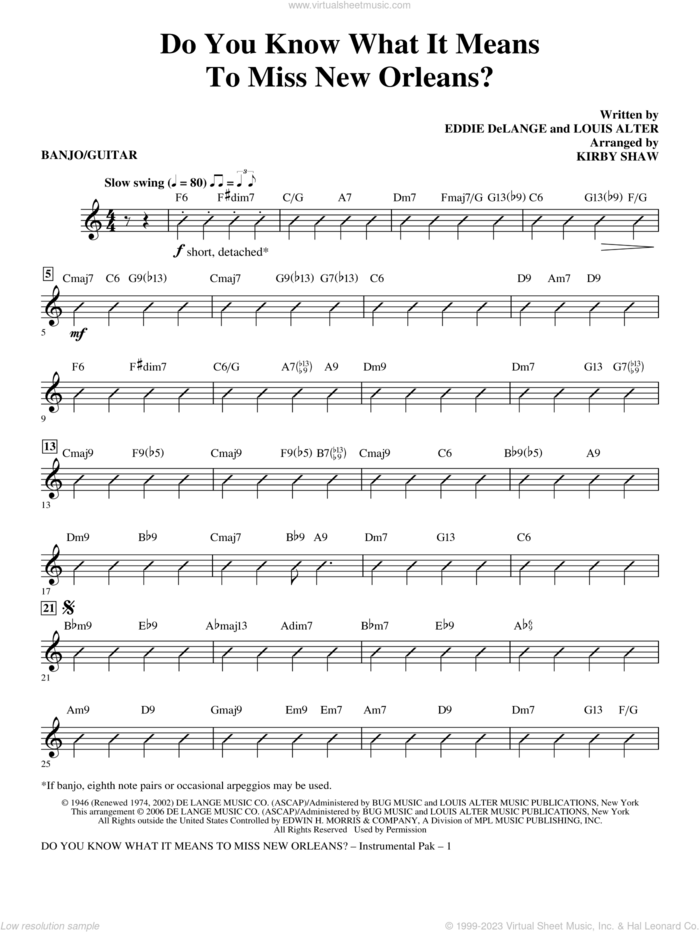 Do You Know What It Means to Miss New Orleans sheet music for orchestra/band (banjo/guitar) by Kirby Shaw, Eddie DeLange and Louis Alter, intermediate skill level