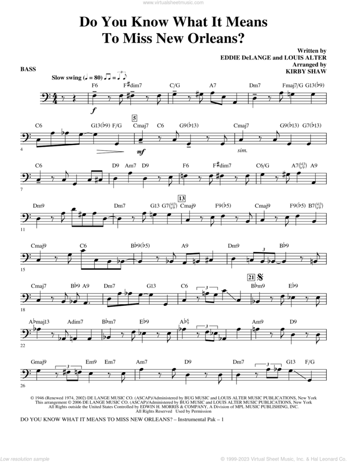 Do You Know What It Means to Miss New Orleans sheet music for orchestra/band (bass) by Kirby Shaw, Eddie DeLange and Louis Alter, intermediate skill level
