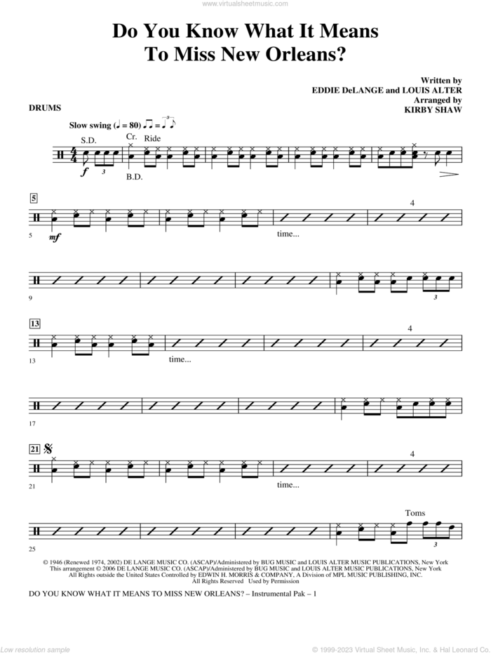 Do You Know What It Means to Miss New Orleans sheet music for orchestra/band (drums) by Kirby Shaw, Eddie DeLange and Louis Alter, intermediate skill level