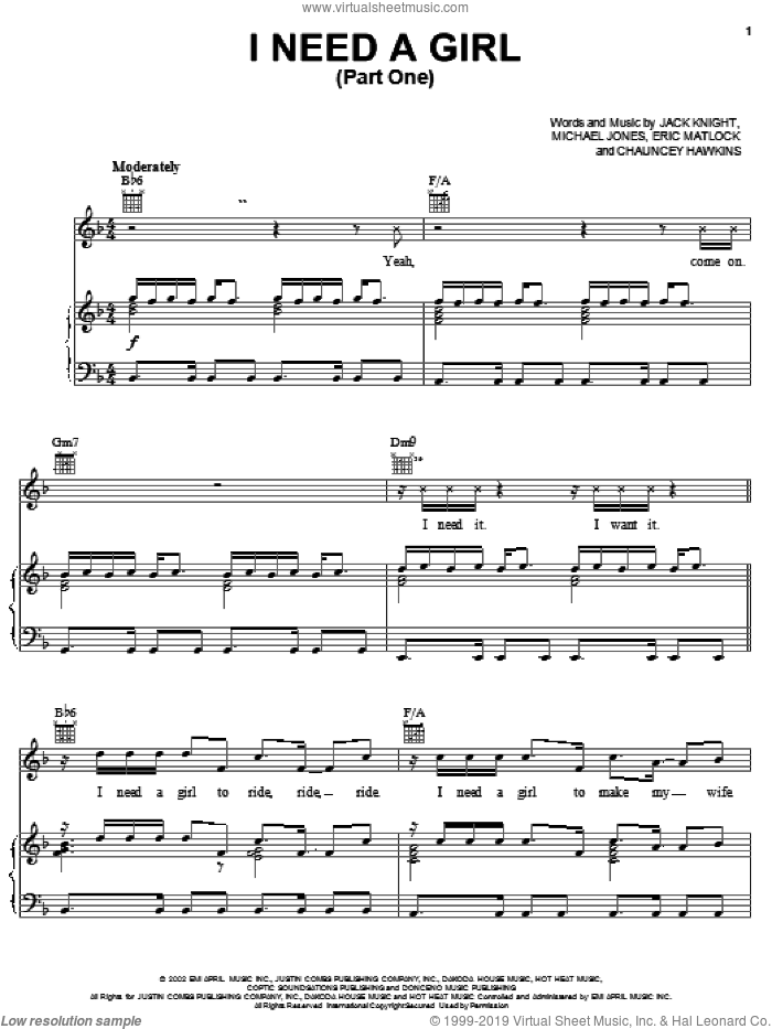 I Need A Girl (Part One) sheet music for voice, piano or guitar by P. Diddy featuring Usher & Loon, Gary Usher, Loon, P. Diddy, Chauncey Hawkins, Eric Matlock and Jack Knight, intermediate skill level