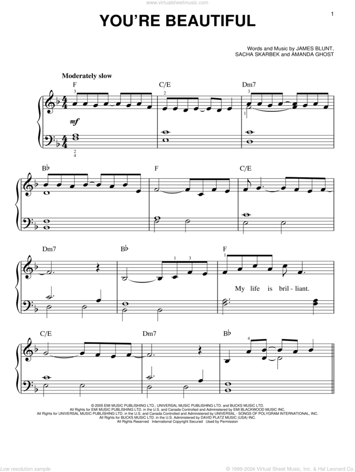 You're Beautiful sheet music for piano solo by James Blunt, Amanda Ghost and Sacha Skarbek, easy skill level