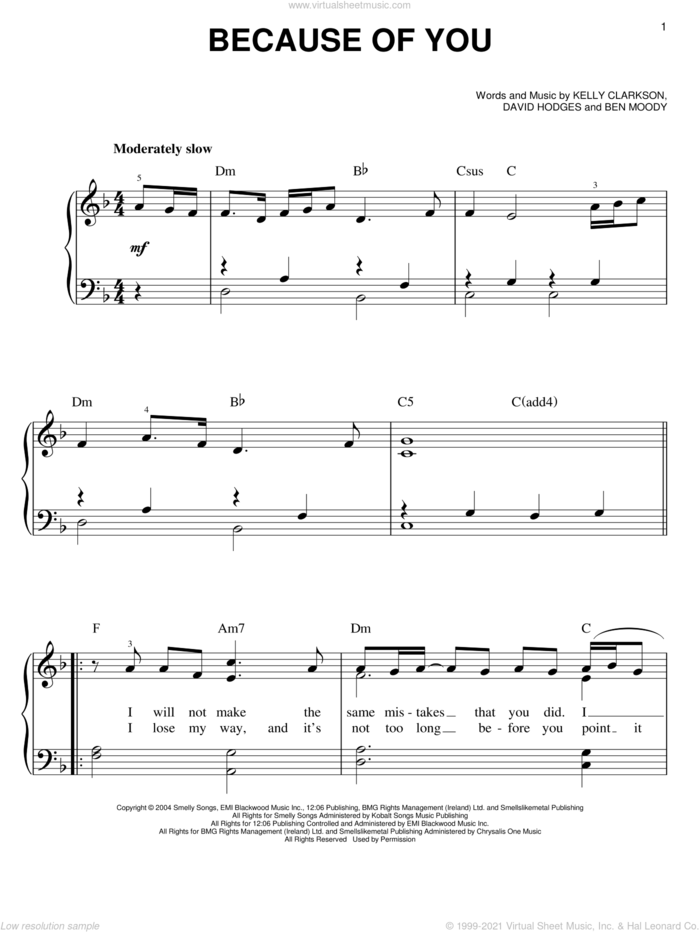 Because Of You sheet music for piano solo by Kelly Clarkson, Ben Moody and David Hodges, easy skill level