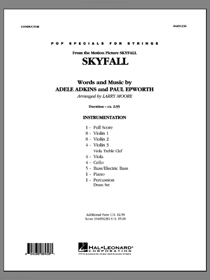 Skyfall (COMPLETE) sheet music for orchestra by Adele and Larry Moore, intermediate skill level