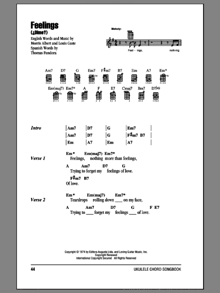 Feelings (Dime) sheet music for ukulele (chords) by Morris Albert, intermediate skill level