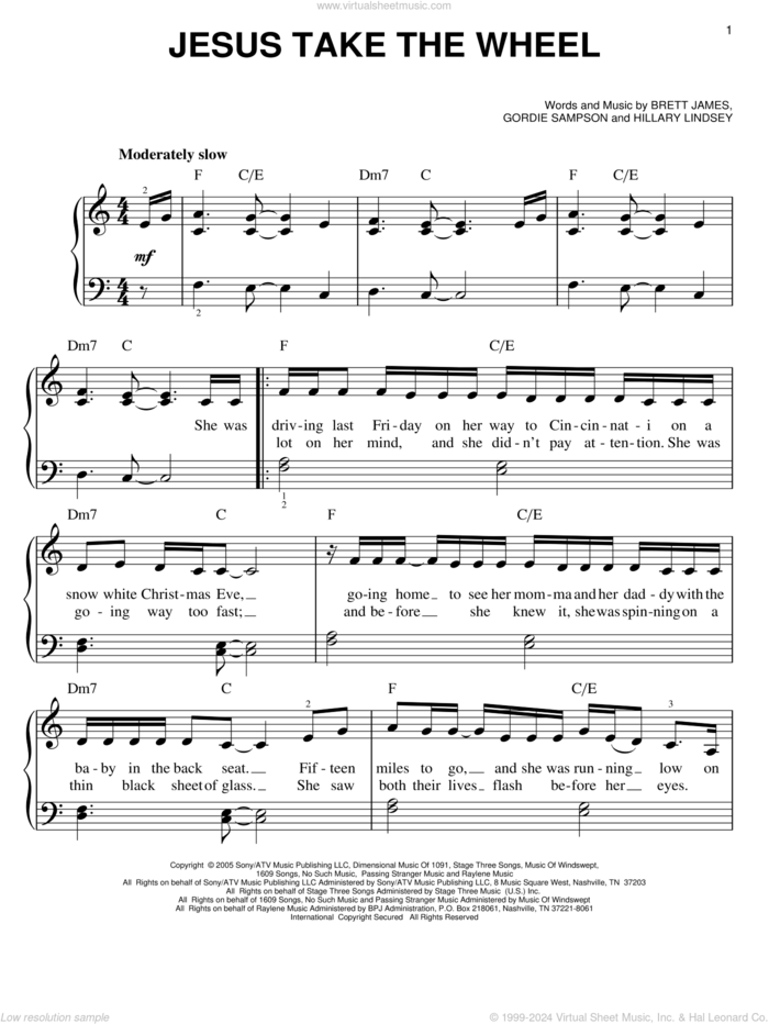 Jesus Take The Wheel sheet music for piano solo by Carrie Underwood, American Idol, Brett James, Gordie Sampson and Hillary Lindsey, easy skill level