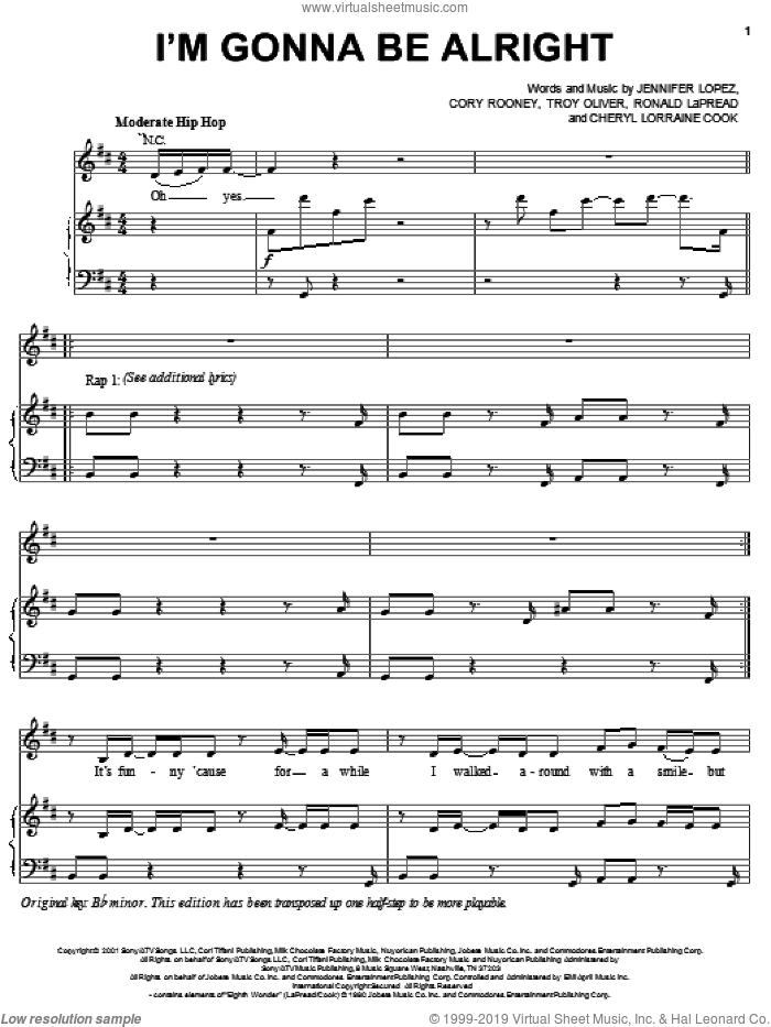 I'm Gonna Be Alright sheet music for voice, piano or guitar by Jennifer Lopez, Nas, Cheryl Lorraine Cook and Cory Rooney, intermediate skill level
