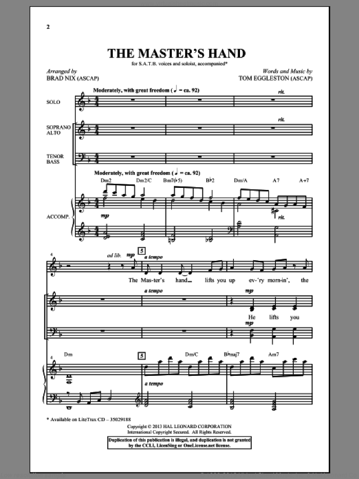 The Master's Hand sheet music for choir (SATB: soprano, alto, tenor, bass) by Tom Eggleston and Brad Nix, intermediate skill level