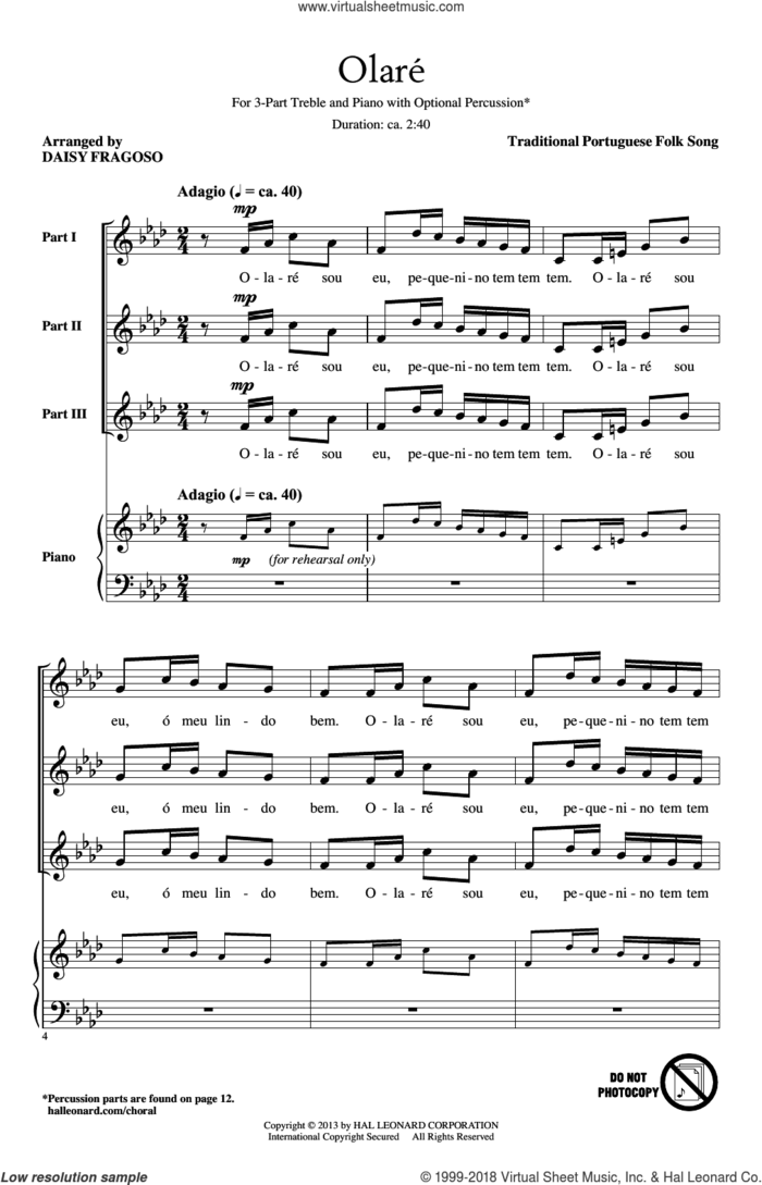 Olare sheet music for choir (3-Part Treble) by Daisy Fragoso, intermediate skill level