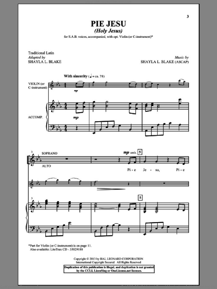 Pie Jesu (Holy Jesus) sheet music for choir (SAB: soprano, alto, bass) by Shayla Blake, intermediate skill level