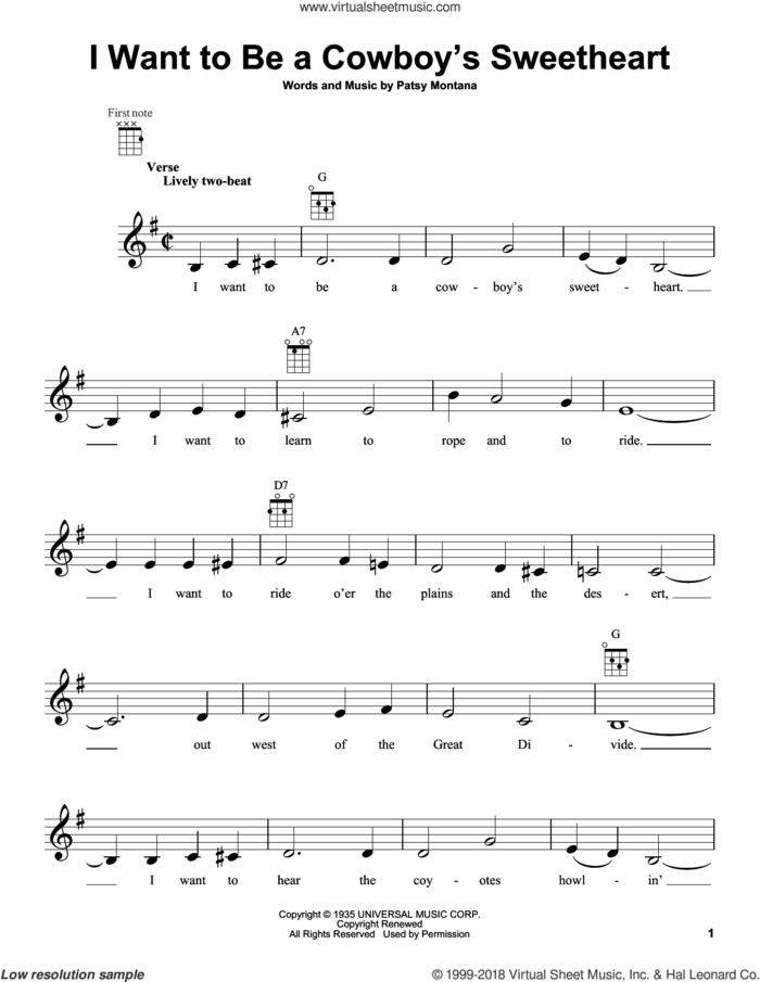 I Want To Be A Cowboy's Sweetheart sheet music for ukulele by Patsy Montana, LeAnn Rimes and Suzy Bogguss, intermediate skill level