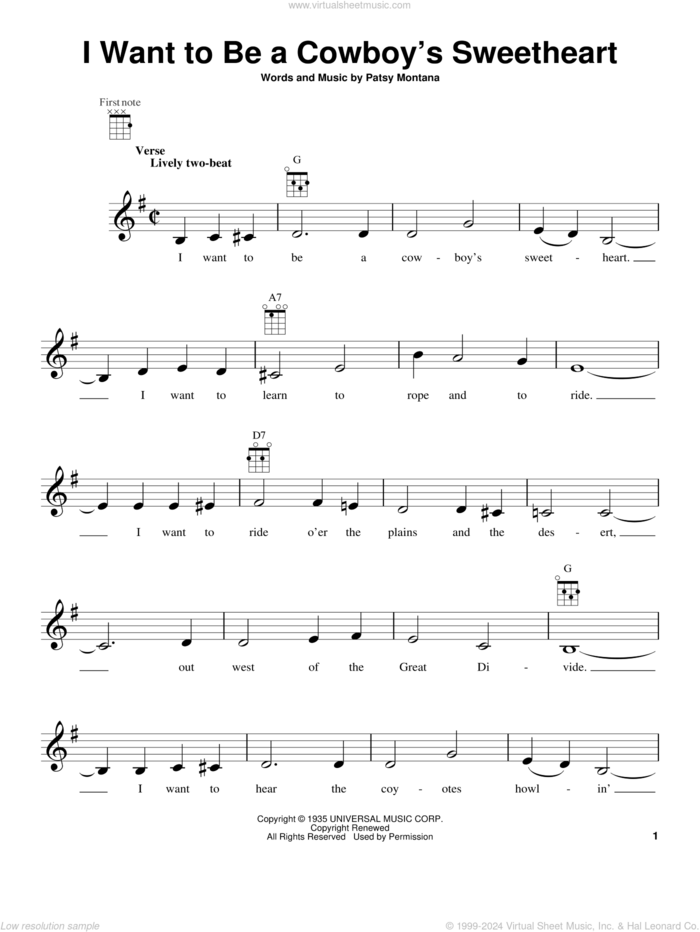 I Want To Be A Cowboy's Sweetheart sheet music for ukulele by Patsy Montana, LeAnn Rimes and Suzy Bogguss, intermediate skill level