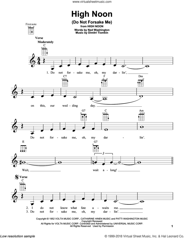 High Noon (Do Not Forsake Me) sheet music for ukulele by Ned Washington and Dimitri Tiomkin, intermediate skill level