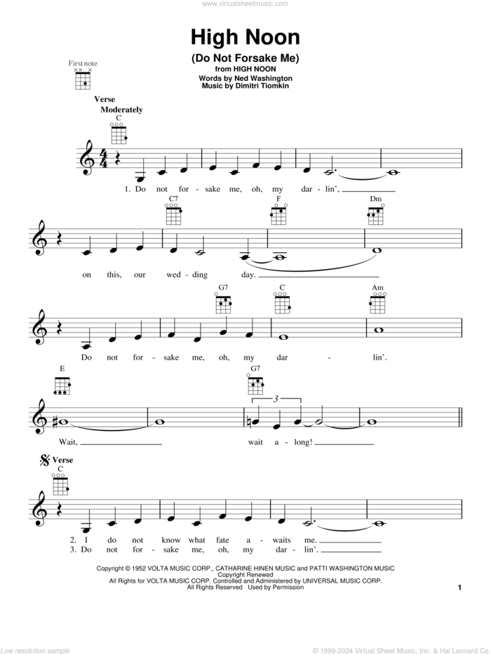 High Noon (Do Not Forsake Me) sheet music for ukulele by Ned Washington and Dimitri Tiomkin, intermediate skill level