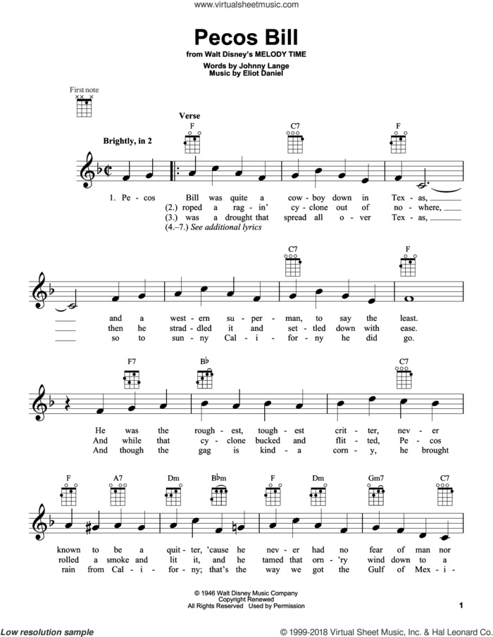 Pecos Bill sheet music for ukulele by Eliot Daniel and Robert John Lange, intermediate skill level