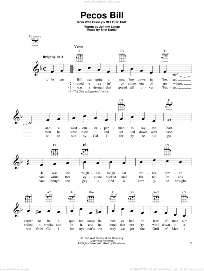 Pecos Bill sheet music for ukulele by Eliot Daniel and Robert John Lange, intermediate skill level