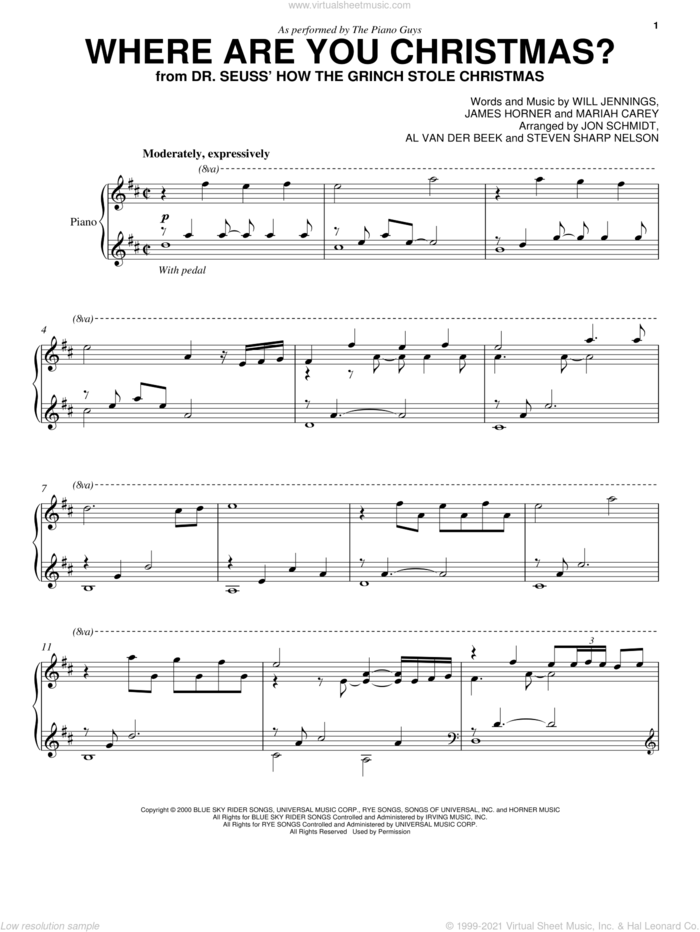 Where Are You Christmas? (from How The Grinch Stole Christmas) sheet music for cello and piano by The Piano Guys, Faith Hill, James Horner, Mariah Carey and Will Jennings, intermediate skill level
