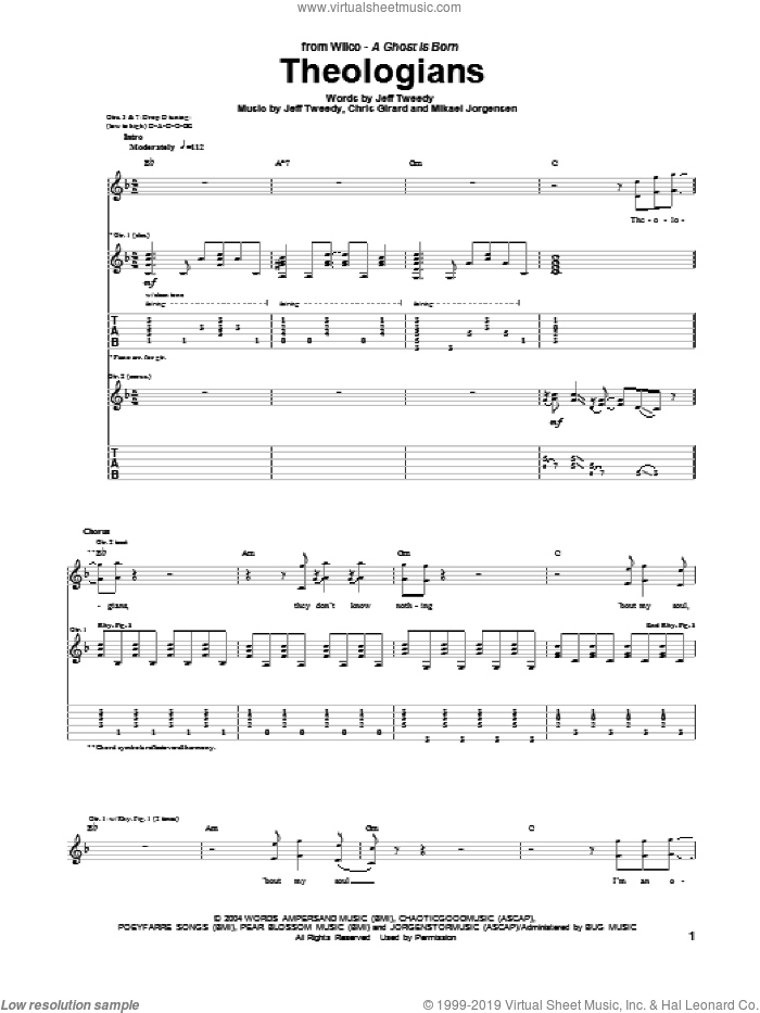 Theologians sheet music for guitar (tablature) by Wilco, intermediate skill level