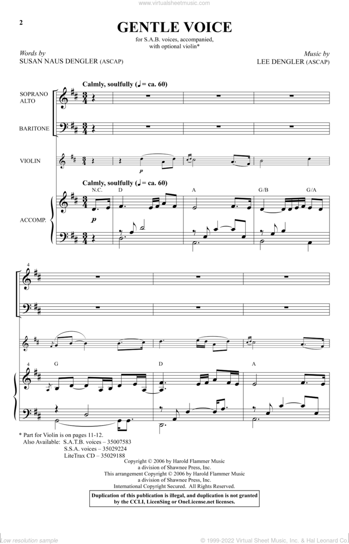 Gentle Voice sheet music for choir (SAB: soprano, alto, bass) by Lee Dengler and Susan Dengler, intermediate skill level
