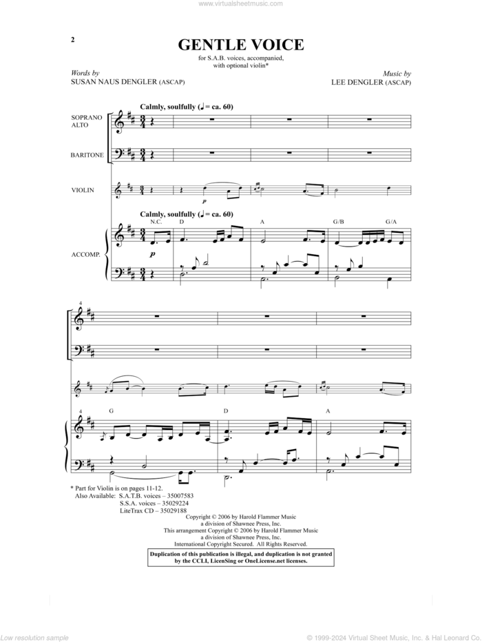 Gentle Voice sheet music for choir (SAB: soprano, alto, bass) by Lee Dengler and Susan Dengler, intermediate skill level